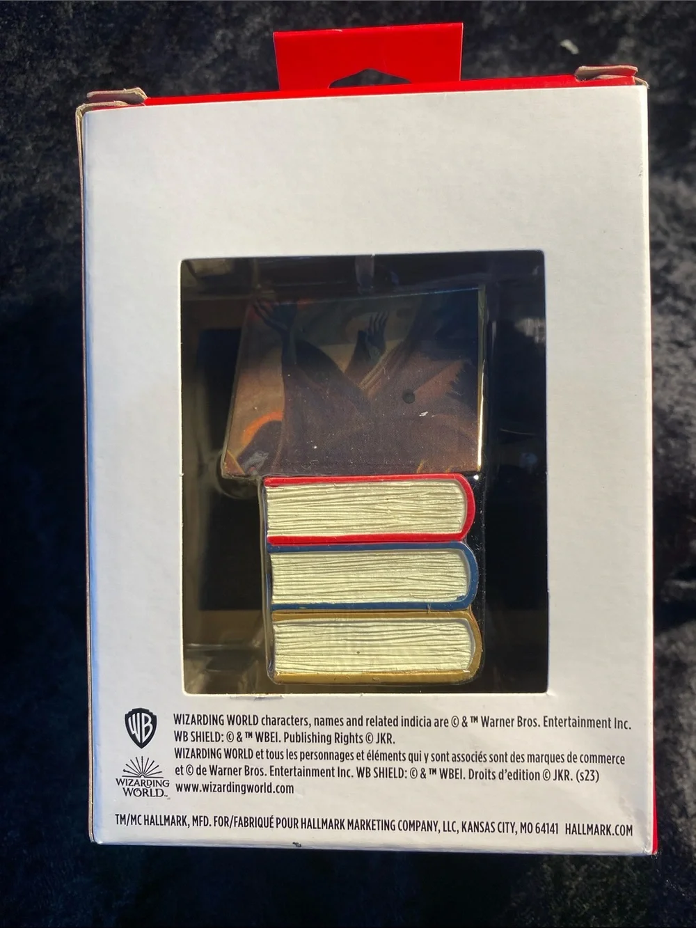 Hallmark Harry Potter Books & Wand Ornament - red, blue, gold, cream